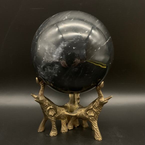 Vintage Black Agate Sphere Orb Crystal with Brass Elephant Stand - Picture 3 of 14